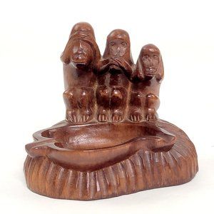 Vintage Artisan Wood 3 Wise Monkey Trinket Tray Ashtray Speak Hear See No Evil